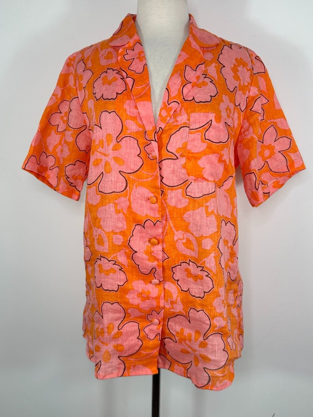 Faithfull the Brand Orange Pink Linen Floral Shirt Button Up Short Sleeve Size 4